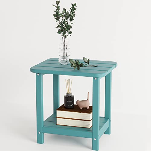 Sundale Outdoor 18"X15" Small Side Table, Patio Weather Resistant Adirondack End Table Hdpe Water Resistant 2 Tier Rectangular Outside Table For Pool, Garden, Beach, Turquoise #TOP8