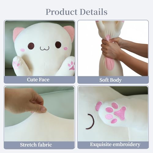 Image of Long Cat Plush Toy - Ultra Soft Cat Plush Pillow Stuffed Animal for Kids & Adults, Kawaii Kitty Body Pillow, Cute Plushie Gift for Kids Girlfriend (Cream, Round Eyes, 90cm /35.43inch)