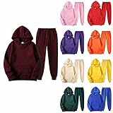 Men's Tracksuit 2 Piece Autumn Winter Casual Solid Jogger Sport Gym Pockets Sweatsuit Long Sleeve Hoodies and Sweatpant Set(A#Wine,Large)
