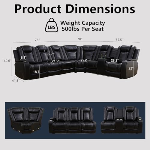 Image of Power Recliner Sectional Sofa Set with USB, LED & Storage - Black Leather Reclining Couch with Cup Holders & Pull-Down Table - Modern Living Room Furniture Set for Home Theater Comfort