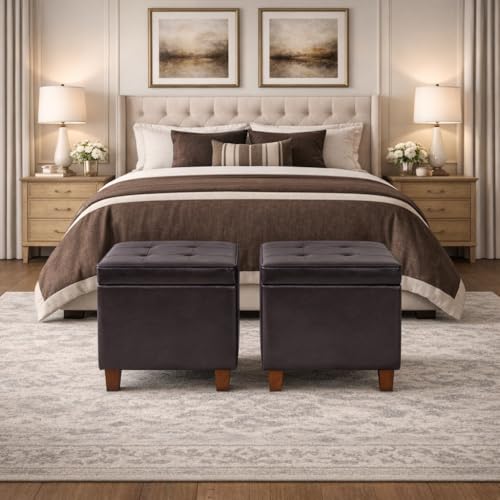 Image of HomePop Leatherette Tufted Square Storage Ottoman with Hinged Lid, Brown Small