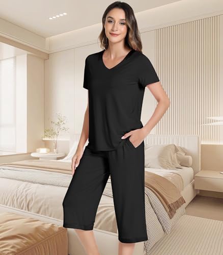 Image of NACHILA Bamboo Viscose Women's Pajamas Set Short Sleeve Pjs and Capri Pants