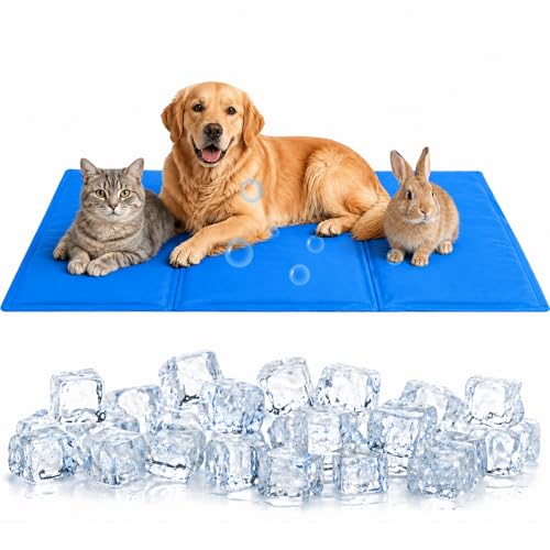 Large Dog Cooling Mat 90x50cm, Pressure Activated Non-Toxic Gel Pad for Pets, Self-Cooling Car Travel Mat, Scratch Resistant Puppy Cooling Mat, Foldable & Reusable Pet Crate Insert - No Water Needed