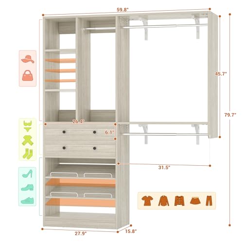 Besiost Closet System - 5FT Small Closet System with Drawers, 60" Closet Organizer System with Reversible Hanging Shelving, Closet Systems for Small/Walk-in Closets, Greige Oak