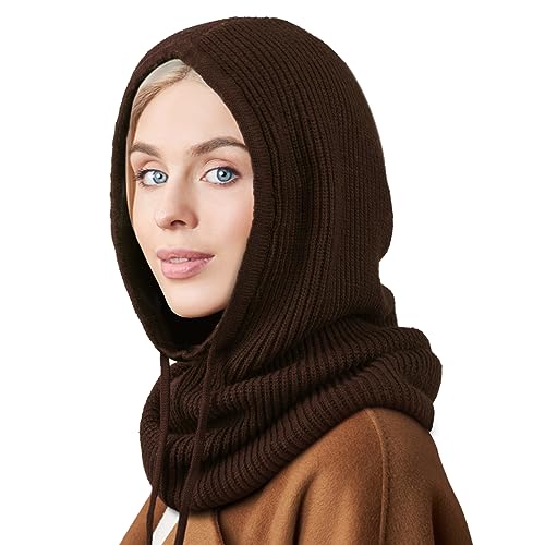 Hooded Scarf Hat Knit Balaclava Women Beanie Skull Cap with Drawstring Warm Winter Hats for Women Men Outdoor Sports