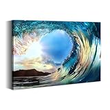 Bedroom Seascape Canvas Wall Art: Large Blue Ocean Picture Collapsing Rolling Wave Art Canvas Sunset Sea Wave Photography Seashore Prints Wall Decor for Living Room Home office Decoration