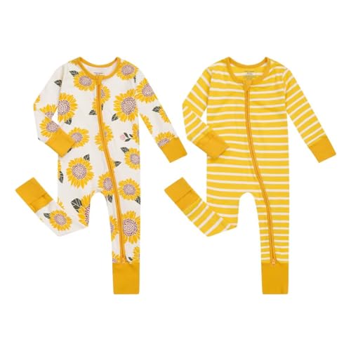 Image of Teach Leanbh Unisex Baby 2 Pack Cotton Pajamas with Mittens and Feet Cuffs 2 Way Zipper Long Sleeve Romper Sleep and Play