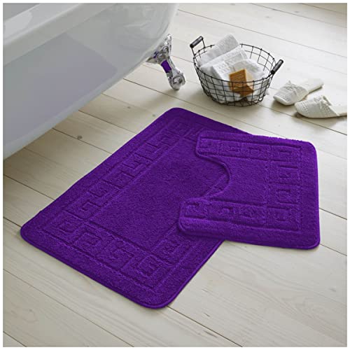 GC GAVENO CAVAILIA Greek Key Pattern Bath Mats 2 Piece Sets Non Slip, Soft Washable Rug Quick Dry Water Absorbent Bathroom Shower Mat & Pedestal Set, Purple
