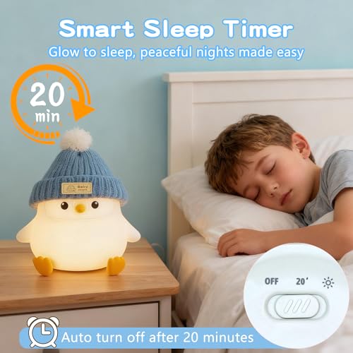 Image of FAMIDUO Penguin Night Light with Knit Hat, Cute Silicone Nursery Lamp - Dimmable Squishy Animal Light - Heartwarming Gift for New Mom, Kids Birthday & Baby Shower - Kids Room Decor