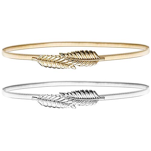 LYTIVAGEN 2 Pcs Feuille Ceinture de Femme en Métal, Ceinture de Feuille Élastique, Feuille Ceinture à Robe pour Décoration des Vêtement (Or, Argent)