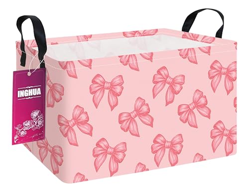 Image of Rectangular Storage Basket Fabric Organizer Bin for Toys,Books,Clothes,Gifts,Pets-Perfect for Home,Office,Nursery,Dorm,Shelf(Rec-Pink bowknots )