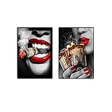 Modern Canvas Wall Art:2 Piece Sets,Sexy Women With Red Lips Canvas Paintings, Burning Dollar Money...