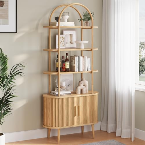 Airynee 71' Tall Arched Bookshelf with Sliding Doors, Mid Century Modern Metal Curved Bookcase Cabinet with Storage, 4-Tier Storage Shelf for Living Room, Home Office, Bedroom, Natural