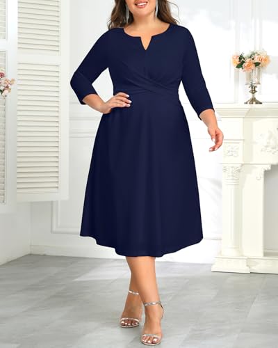 Plus Size Wedding Guest Dress - Church Midi Fall Semi Formal 3/4 Sleeve V Neck A-line Dress for Women 20252