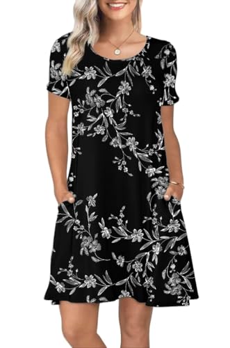 REGAI Summer Dresses for Women Short Sleeve Tshirt Dress Casual Sundresses with Pockets Floral Black XL