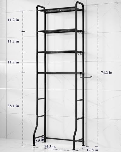 Image of Kitsure Over Toilet Storage Rack - Metal Over Toilet Bathroom Organizer Shelf, Over the Toilet Storage Cabinet with Paper Holder and Hooks, Bathroom Cabinet for Laundry, Black, 4 Tiers (74.2 inch H)