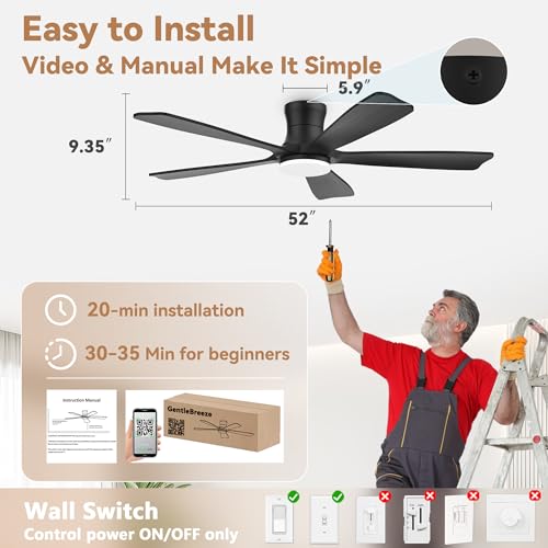 52"Wood Smart Flush Mount Ceiling Fans with Lights Remote,Control via WIFI Alexa Google App,6 Speed,Quiet DC Motor,Modern Black Outdoor Indoor Low Profile Ceiling Fan for Bedroom Patio Porch thumbnail 6