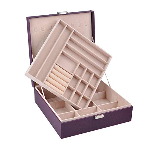 Nirong Lavie Women's Jewelry Box 2 Layer Faux Leather Square-Shaped Lockable Jewelry Storage Organizer Display Case/ Box Travel Mini Jewelry Case Gifts (Purple) #TOP3