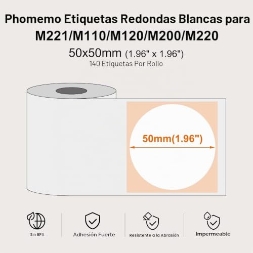 Etiquetas autoadhesivas redondas papel térmico 50x50 mm Phomemo pack 3 rollos 2