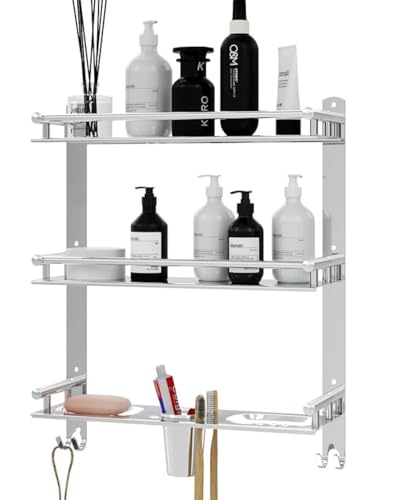 GLOXY Premium 3 Layer Wall Mount Bathroom Stainless Steel Organizer Shelf with Soap Holder and Toothbrush Holder Bathroom Accessories Set for Modern Bathrooms