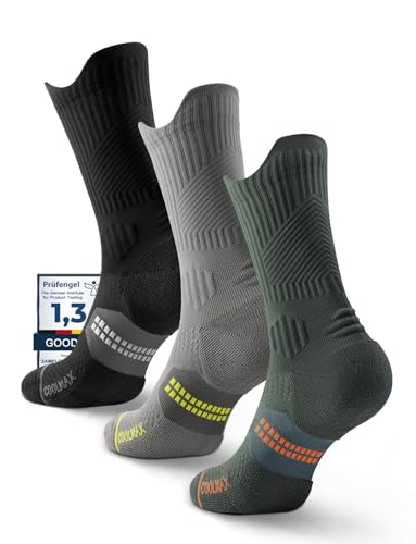Juclise Compression Running Socks, Bamboo Viscose Coolmax Moisture-Wicking Anti-Blister Athletic Hiking Workout Gym Padded(L, Grey+Green+Black)