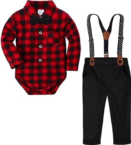 Image of A&J DESIGN Baby Boys Suits Infant Gentleman Formal Wedding Suspenders Outfit with Bowtie