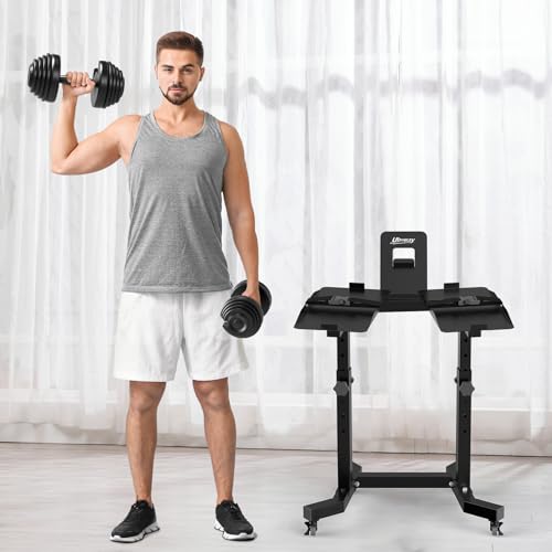 Image of Uboway Adjustable Dumbbell Stand- Dumbbell Rack with 4 Level Height Adjustment, Weight Stand for Dumbbells with Tablet Holder and Wheels, Hand Weight Rack for Adjustable Dumbbell Set, Home Gym Fitness