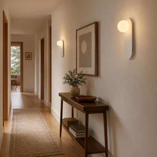 Image of Glass Globe Wall Sconce,White,Suit for Bedroom and Hallway | Ambient Lighting,Milk Glass Sphere Lampshade,Mid Century Modern Style,Hardwired Design,for Stairway and Corridor