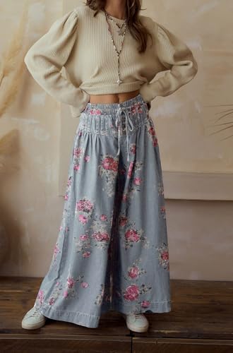 loveimgs Women Elastic Waist Boho Wide Leg Pleated Palazzo Pants Ruffle Denim Drawstring Jeans Floral Print Baggy Sweatpants3