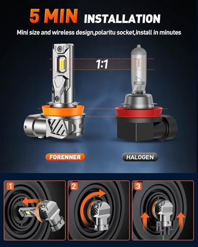 Image of FORENNER H11 9005 Light Bulb Combo, 800% Ultra Brightness 6500K Cool White, 1:1 Mini Size H11 /H8 9005 /HB3 Fog light Bulbs Kits, Plug‑and‑Play, IP68 Waterproof, Pack of 4.