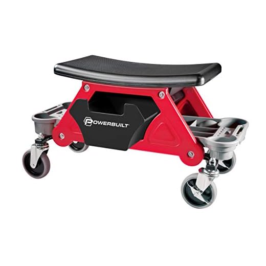 Powerbuilt Heavy Duty Roller Mechanics Seat and Brake Stool with 4-in. Rubber Swivel Casters Roll Over Anything, Big Seating Platform, Slide Out Tool Trays and Drawer 300 lb. Capacity – 240036