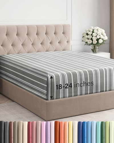 Image of Extra Deep Queen Fitted Sheet - Single Fitted Sheet Only - Grey Stripes | Easily Fits 18 inch to 24 inch Mattress, Soft, Wrinkle Free, Breathable & Comfy, Extra Deep Pockets Hotel Luxury Fitted Sheet