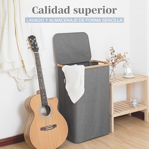 Miniatura 7 de Lonbet 100l Cesto Ropa Sucia Con Tapa Y Estructura De Bambú - Cubo Ropa Sucia Estético Con Bolsa Extraíble, Asas Cómodas Y Tela Transpirable Para Uso Diario Eficiente - Laundry Basket, Gris
