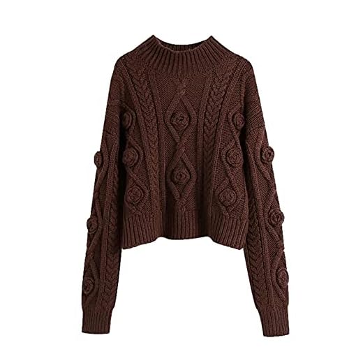 Tröja Dam Kvinnor blommor beskurna kabel-stickad tröja hög nacke långärmad pullovers Pullover Töja (Color : Brown, Size : L)