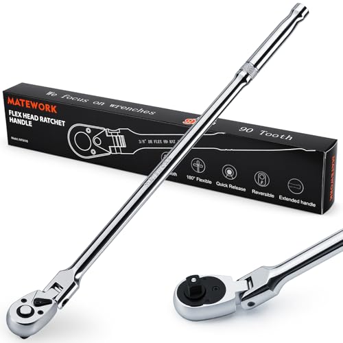 Matework 3/8 Drive Flex Head Ratchet Wrench 17-Inch 90-Tooth Long Handle Ratchet with Quick Release and Reversible Switch CR-V Steel 180 Swivel Head Ratchet for Automotive Home and DIY Repair