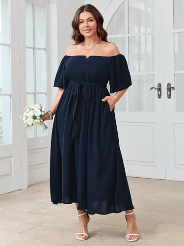 Image of SCOMCHIC Womens Plus Size Formal Dresses Off The Shoulder Wedding Guest Cocktail A-Line Split Maxi Dress with Pockets
