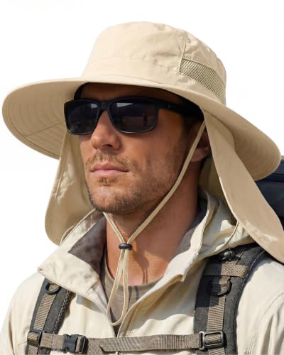 Image of Sun Hats for Men Wide Brim Bucket Hat with Neck Flap for Fishing & Hiking Mens Sun Hat for UV Protection
