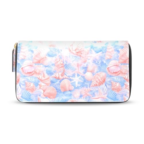 Long Wallets Leather Bifold Wallet for Women Pink Shell with Zipper Credit Card Holder Large Capacity