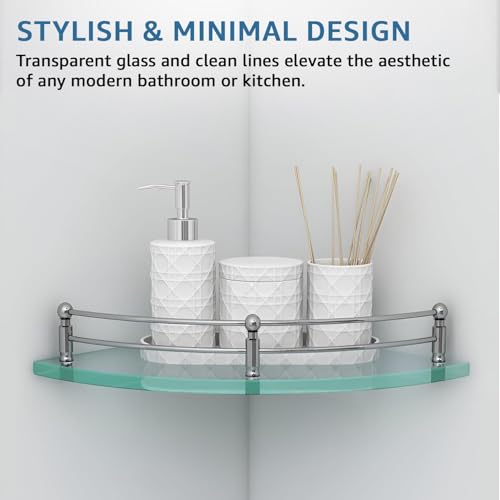 Image of Amazon Basics Glass Bathroom Corner Shelf with Stainless Steel Railings | Pack of 3 | Transparent | 9x9 Inch | Rust-Resistant Space-Saving Storage | 23D x 23W x 6H cm