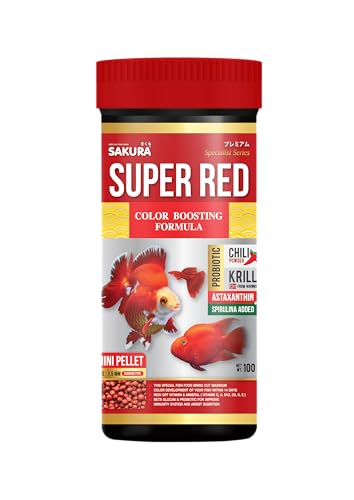 Image of Sakura Super Premium Fish Food Speacial for Super Red Colour with Krill, Chili, Probiotic & Astaxanthin+Spirulina Mini Pellet 1.5mm- 100 Gm,Small