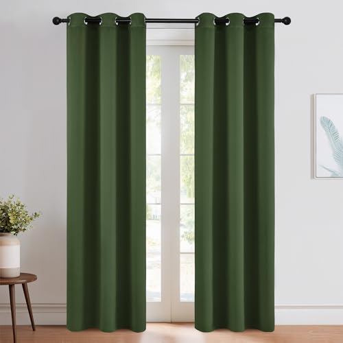 Image of NICETOWN Dark Green Blackout Cafe Satin Curtains for Small Windows, 42 inch Wide by 84 inch Long, 2 Panels, Grommet Noise Reducing Faux Silk Blackout Drapes for Dining Room