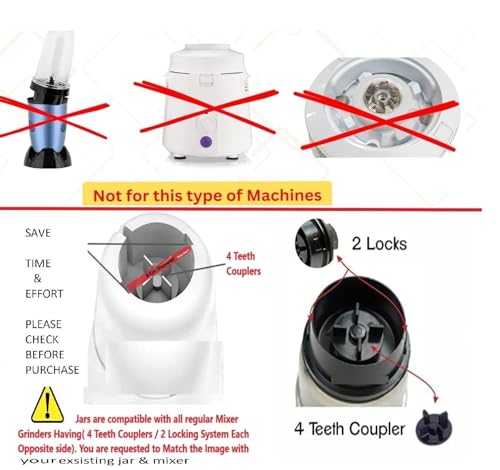 Image of Universal 3pcs Mixer Grinder Steel Jar Set (400ml + 800ml + 1200ml) for 2 Lock, 4 Teeth Coupler Compatible with Wide Range like Crompton, Bajaj, Prestige, Orient, etc for 500 Watt & More