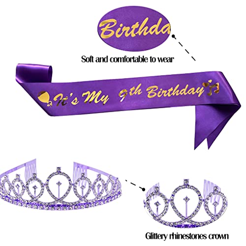 Corona de cumpleaños 9 años con tiara morada ajustable y estable 3