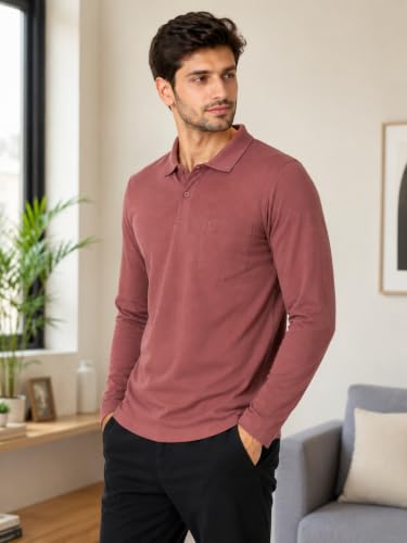 Image of CAMEY Men's Plain Solid Long Sleeve Polo T-Shirt | Regular Fit | Collared Casual Cotton Blend Tee with Chest Pocket | Everyday Comfort Wear