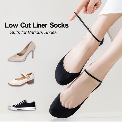 Image of 4 Pairs No Show Thin Socks with Sling Non-Slip Invisible Sock Ice Silk Ultra Low Cut Liner Socks for Girls Women (2 Pairs Black+2 pairs Beige)