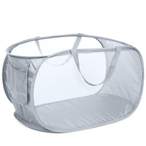 Pop-Up-Wäschekorb, 75L Pop-Up Faltbare Wäschekorb Mesh Laundry Hamper Baskets für Kinderzimmer College Dorm Camping Und Reisen(Grau)