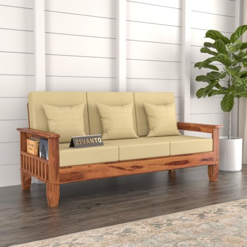 Image of Solid Sheesham Wood 3 Seater Sofa for Living Room | Premium Wooden Sofa with Side Magazine Rack | Comfortable Fabric Cushions | Modern Home & Office Furniture