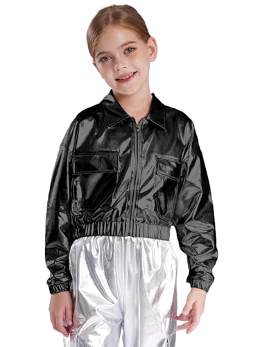 easyforever Kids Girls Boys Shiny Metallic Jacket Long Sleeve Hip Hop Jazz Dance Coat Outwear with Flap Pockets