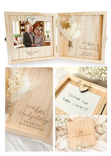 Joli Coon Diamantene Hochzeit Geschenk - Zum 60. Hochzeitstag die besten Glückwünsche - Hochwertige Geschenk diamantene Hochzeit Holzbox 14 x 14 x 3 cm