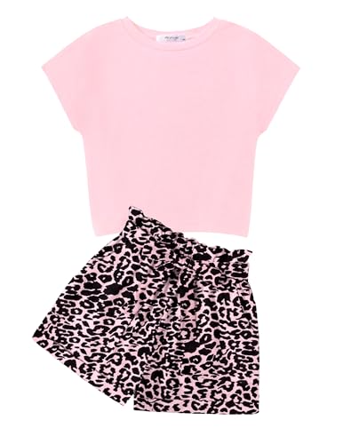 Image of Arshiner Girls 2 Piece Outfit Summer Drop Shoulder Batwing Sleeve Tops and Paperbag Waist Shorts Set Cute Clothing Size 6-14